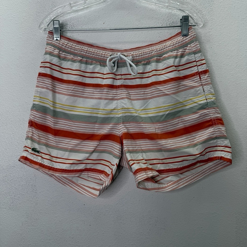 Lacoste Mens Striped Swim Shorts Trunks M Drawstring Elastic Waist Pockets 4"